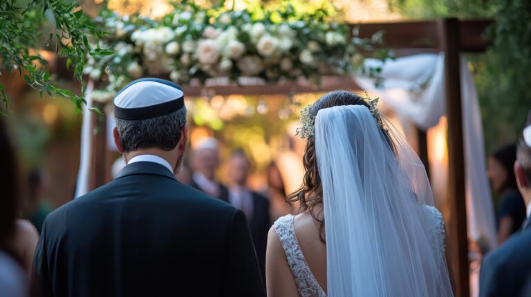 A traditional Jewish wedding ceremony, featuring the breaking of the glass and blessings under the chuppah.