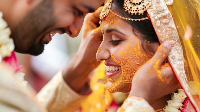 Indian wedding couple during the haldi ceremony, applying turmeric paste to each other